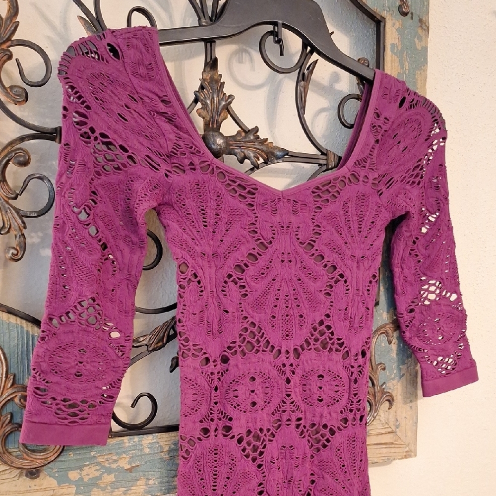🔥🔥$8.00 Free People Fuchsia Lace Long Sleeve Dress. NWT Size XS/S - Picture 8 of 12